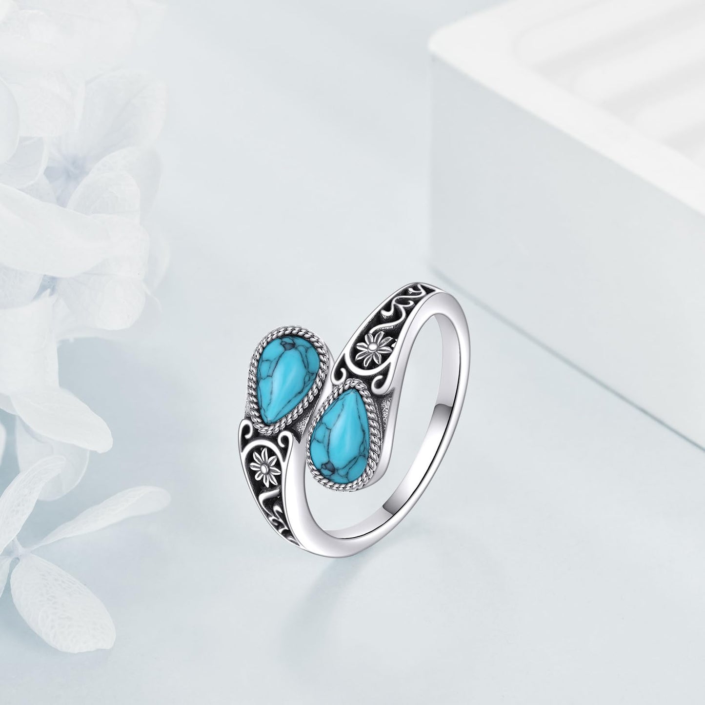 POPLYKE Turquoise Filigree Spoon Ring Sterling Silver Boho Western Turquoise Open Ring Statement Jewelry Gifts for Women