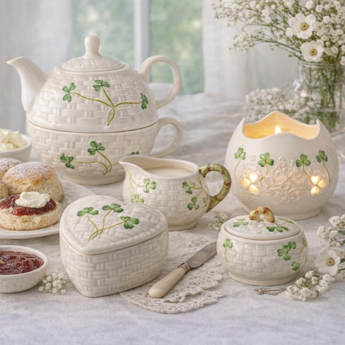 Belleek Kylemore Small Trinket Box - Handcrafted Decorative Storage - Porcelain Shamrock Irish Decor, 3.3 x 4.4 Inches, White