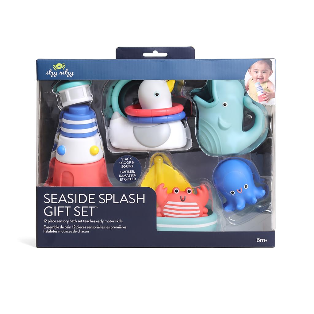 Itzy Ritzy Bathtime Gift Set – 12-Piece Baby Bath Toys for Infants & Toddlers – Stacking Lighthouse, Ring Toss, Scoop, Squirters & Sailboat – Develops Motor Skills & Teaches Cause & Effect (Nautical)