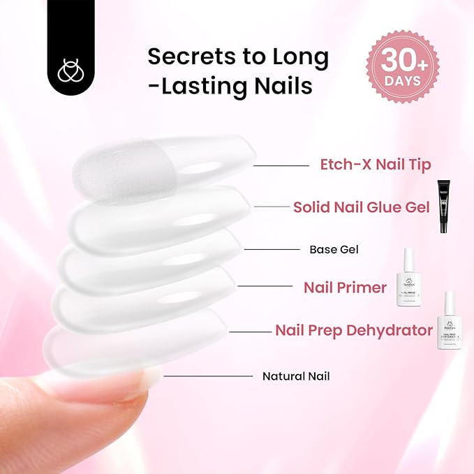 Beetles Gel Nail Kit Medium Square with Nail Dehydrator and Primer, 576Pcs Half Matte Etch-X Gel Nail Tips Solid Nail Glue Mini Nail Lamp Acrylic Nail Tips Easy DIY Nail Extension Set Gift for Women