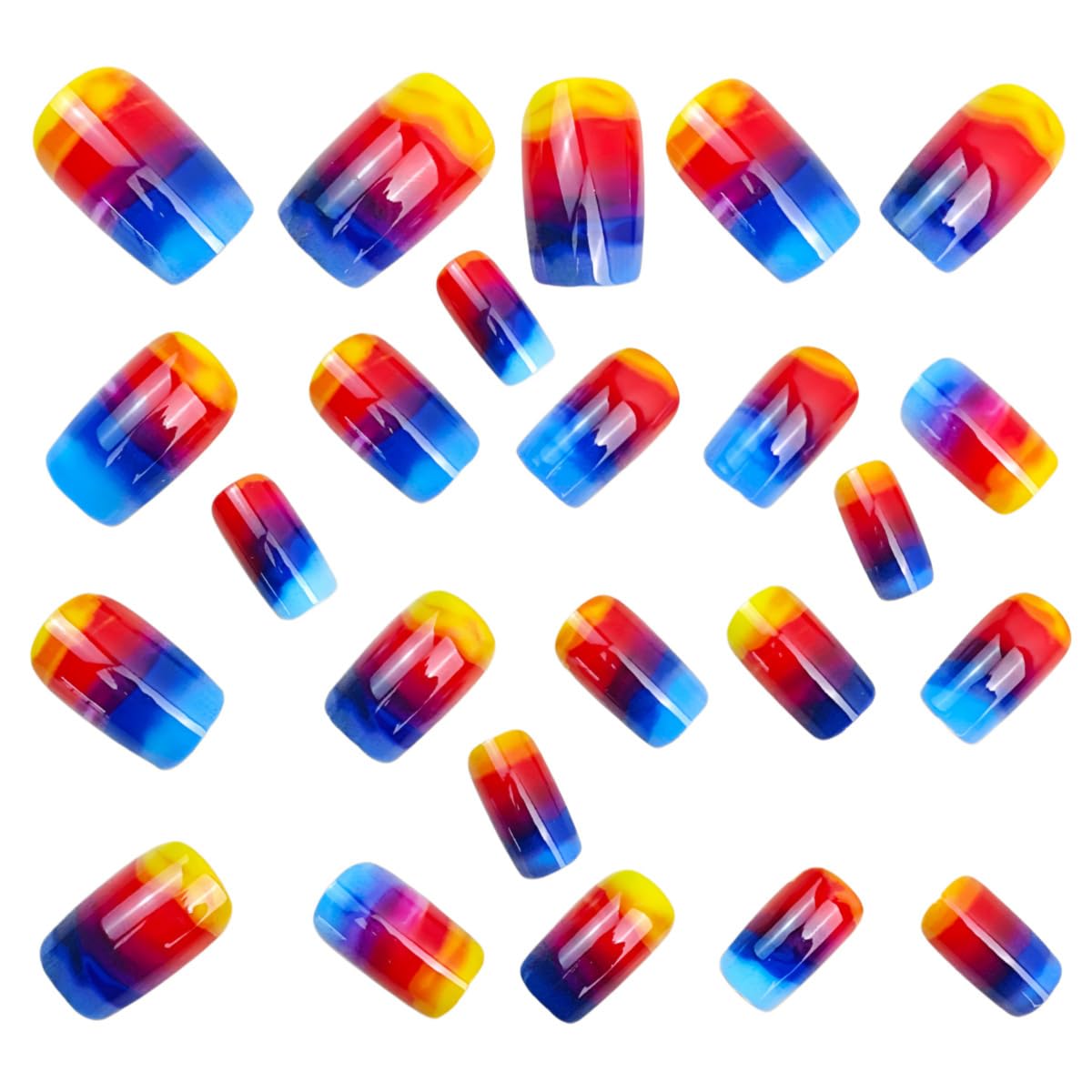 Short Press On Nails Square Fake Nails with Sunset Blending Designs - Full Cover Blue Gradient Glue On Nails - Glossy Acrylic Press Ons Fake Nails Spring Summer Stick on Nails for Women - 24 Pcs