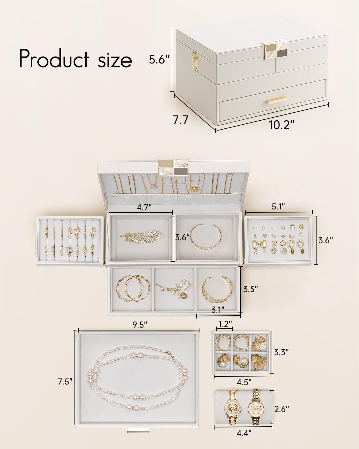 VLANDO 3 Layer Jewelry Box - Women Jewelry Box with Retractable Tray - Jewelry Organizers with Drawer for Necklaces, Rings, Bracelets, Earrings, Valentines Gift for Mom Girls - Cloud White