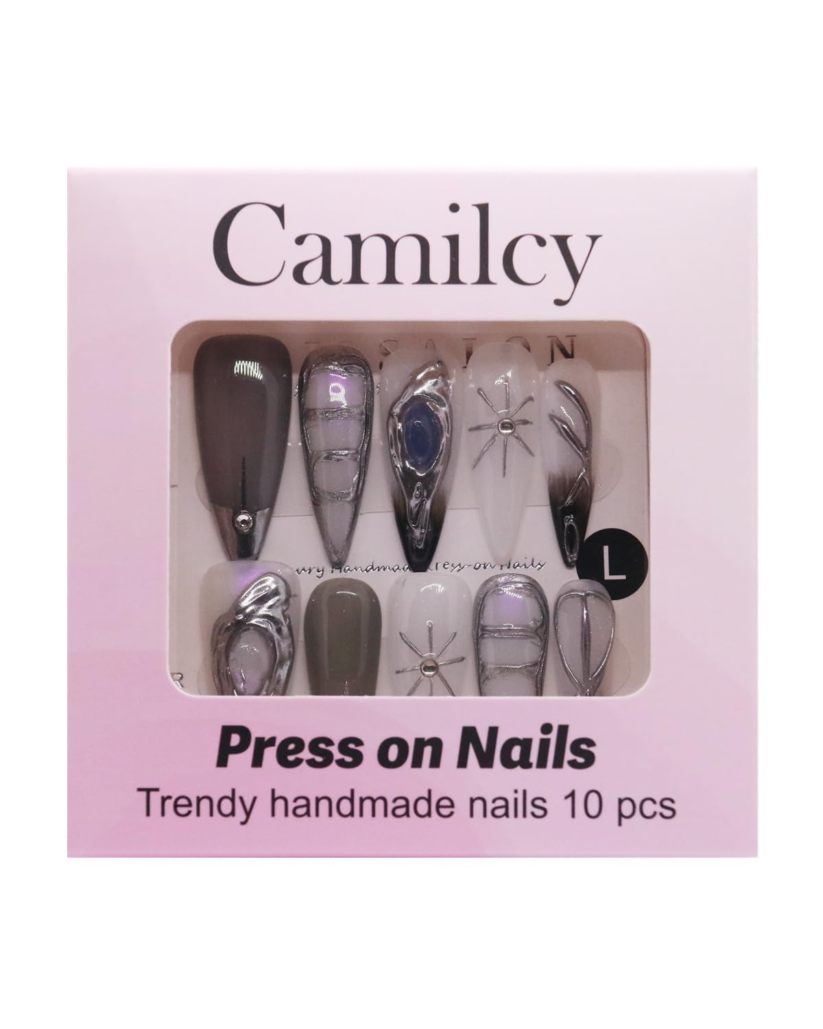 CAMILCY Handmade Nails Press on Long Gradient Blue Black Silver Halloween Star Design Hand painted Reusable Gel UV Finished Pre shaped Artificial False Nails for Women 10pcs 3D Nails (A021, S)