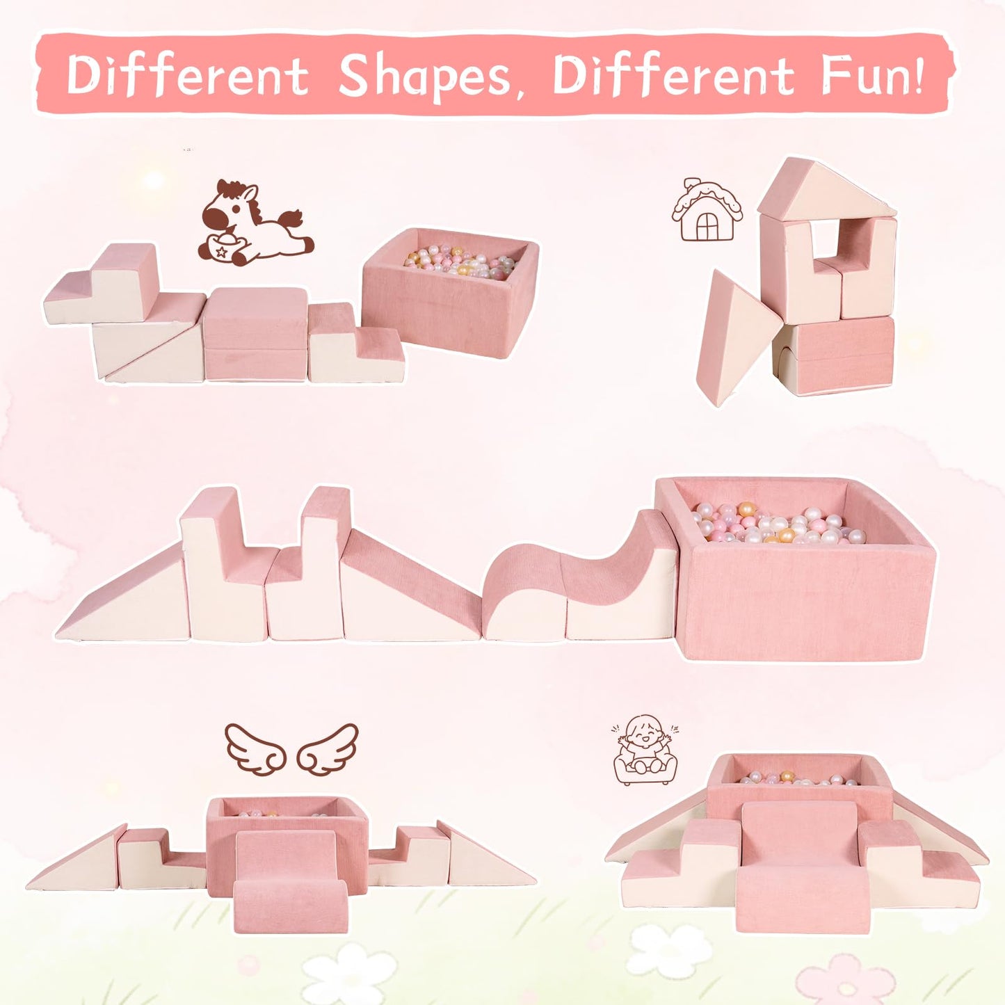 STAOLENE Soft Foam Climbing Blocks with Ball Pit, 6PCS Beige & Pink Indoor Climbing Toys for Toddler, Climb and Crawl Activity Play Set, Play Gym for Child Development (Balls not Included)