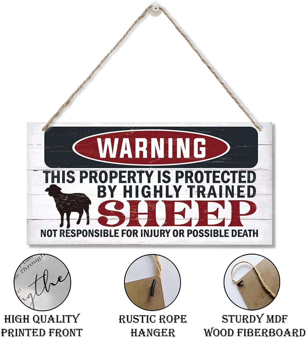 Funny Warning Signs, The Property is Protected By Highly Trained Sheep Sign, Decorative Wood Hanging Wood Plaque, Sheep Wall Decor, Farm Fence Decor, Home Garden Decor for Indoor Outdoor Use
