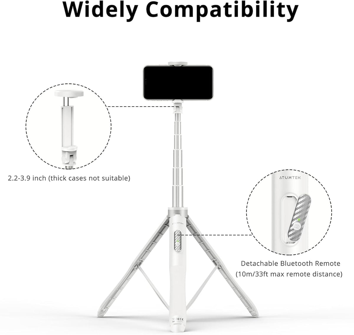 ATUMTEK 51" Selfie Stick Tripod, All in One Extendable Phone Tripod Stand with Bluetooth Remote 360° Rotation for iPhone and Android Phone Selfies, Video Recording, Vlogging, Live Streaming, White