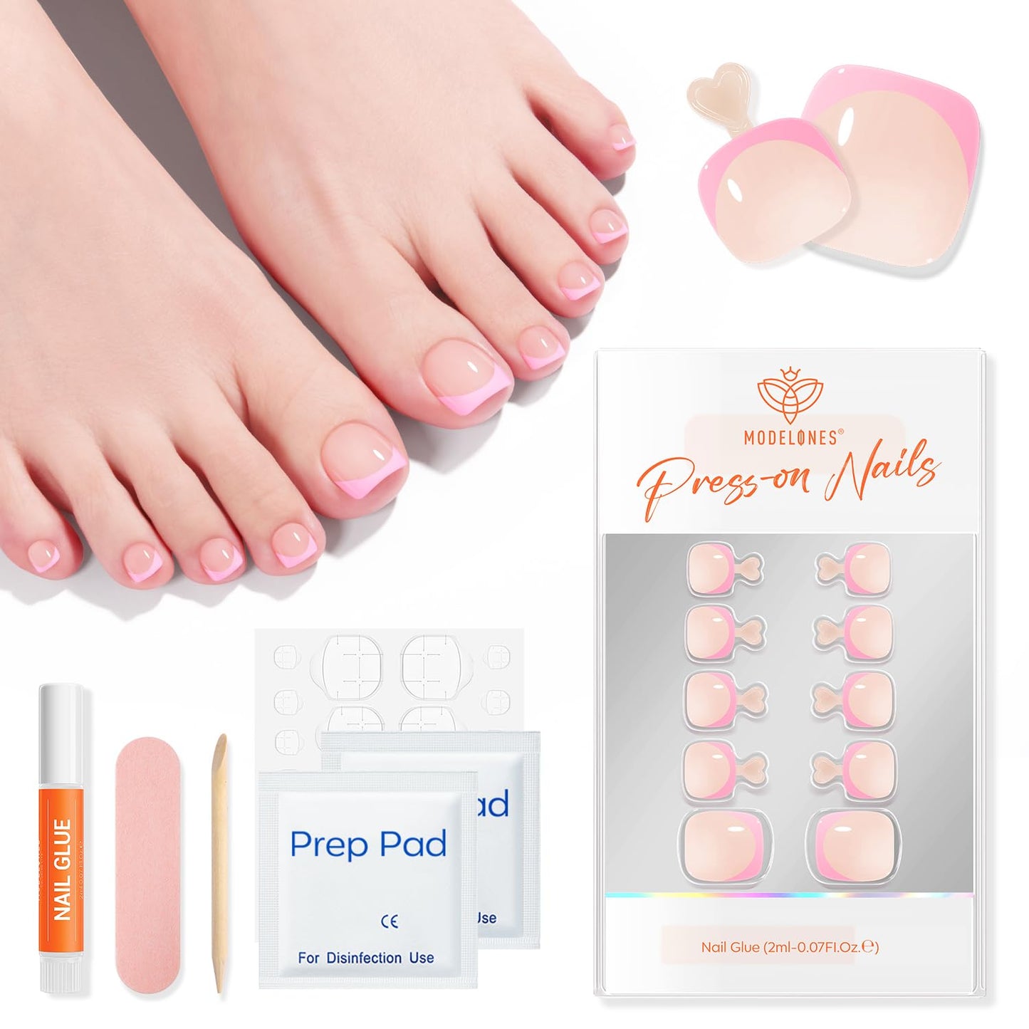 Modelones Press on Toenails Short, Hot Pink French Tip Toe Nails Square, Reusable Nail Kit with Nail Glue Adhesive Tabs Mini Nail File, Toe Nails 36Pcs 18Sizes, Summer Spring Women Girl Gift