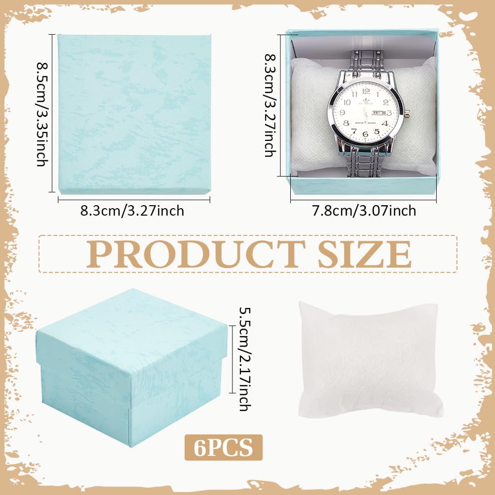 BENECREAT 6 Pack Kraft Cardboard Watch Storage Gift Box, 3.2x3x2inch Rectangle Present Jewelry Box with Nonwoven Cloth Cushion for Bangle Wrist Watch Bracelet Packaging, Pale Turquoise