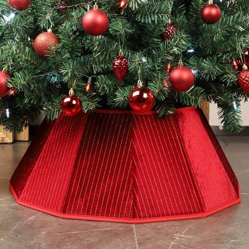 Blissun Christmas Tree Collar, Velvet Foldable Christmas Tree Ring with Silver Dotted line, Christmas Tree Skirt for Artificial Christmas Trees Decoration, Red