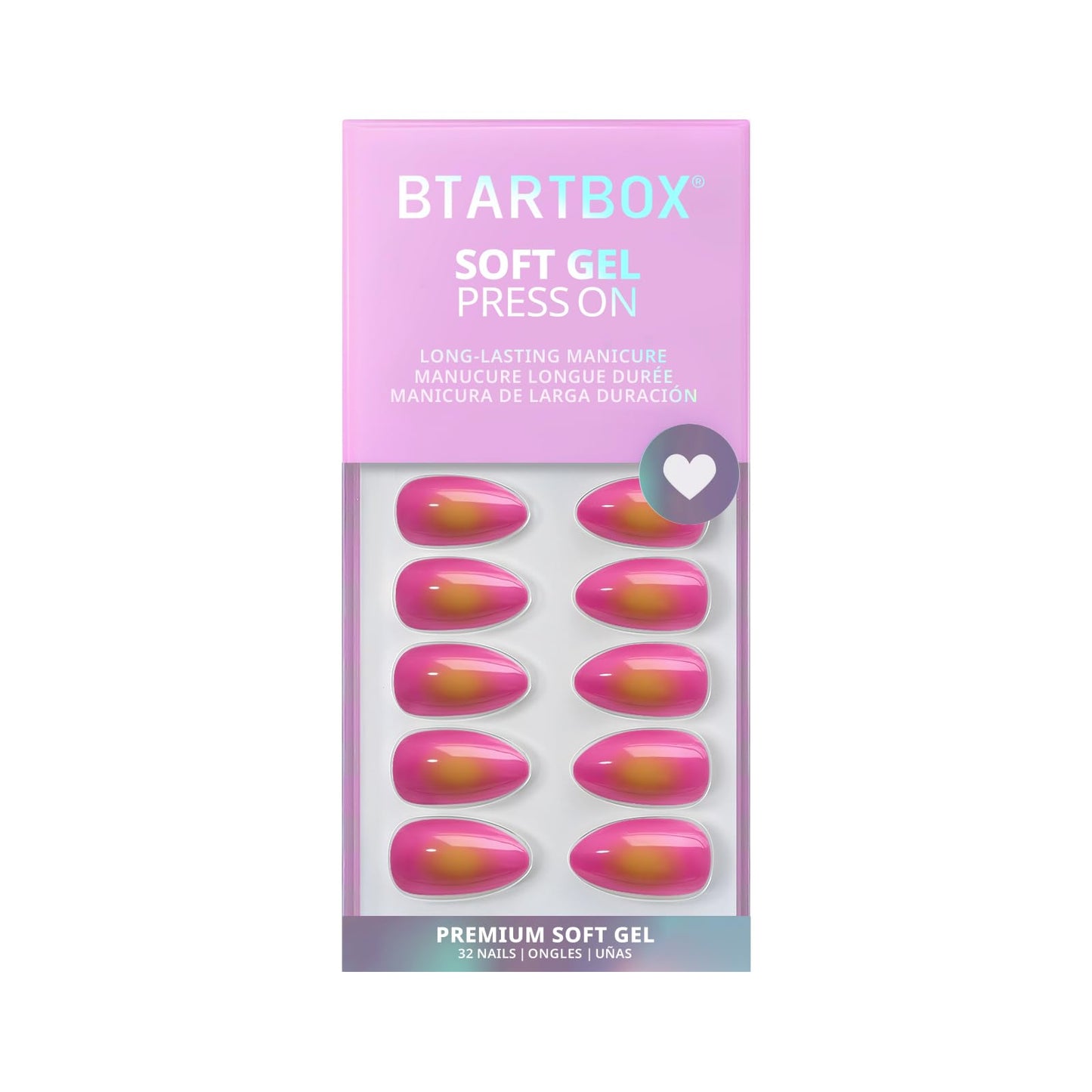 BTArtbox Press On Nails Short - Sunset Pop, Easy-to-Apply Hot Pink and Yellow Almond Press On Nails with Glue and Adhesive Tabs in 16 Sizes - 32 Nails All-in-One Kit