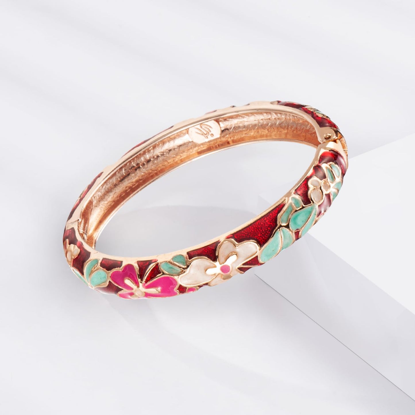 UJOY Fashion Cloisonne Bracelets Colorful Enameled Leaf Spring Hinged Plated Bangles Womens Jewelry Gifts 88A22-55A100 red