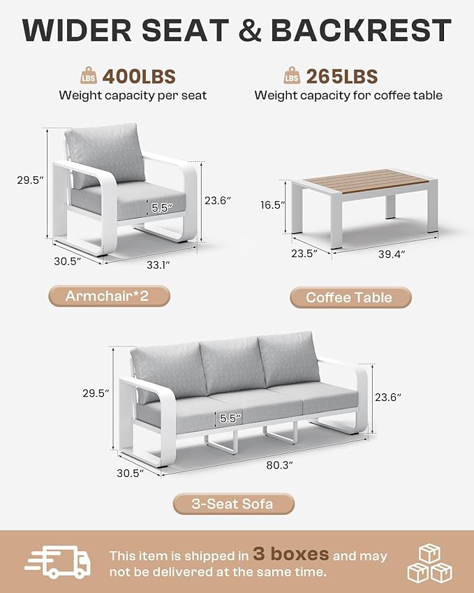 Aluminum Outdoor Patio Furniture Set 4 Piece, Oversized Patio Conversation Sets Widened Armrest & Ultra-Thick Cushions, Deep Seating Modern Sectional Furniture for Backyard, Porch, White