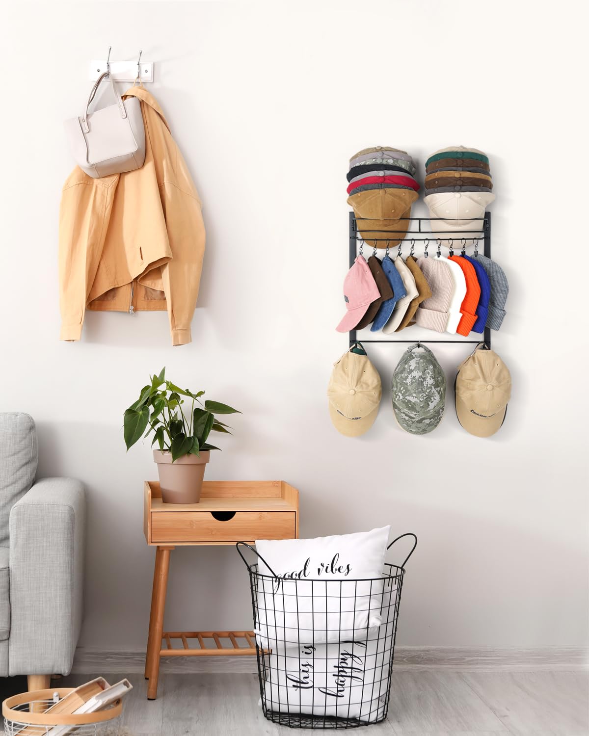 HYDERMUS Hat Rack for 45 Baseball Caps with 10 Clips 3 Tier Hat Organizer for Wall Multi-functional Hat Hanger Metal Hat Holder at Closet Bedroom Entryway Gift for Men Boy Teen