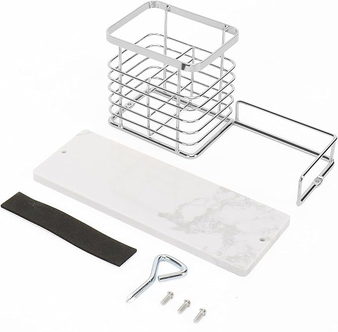 HarJue Toothbrush Holder, Luxurious Metal Toothbrush Toothpaste Holder with Marble Base for Bathroom, Multi-Slots Openwork Design, Bathroom Accessory for Storage and Organizer (Large, Chrome)