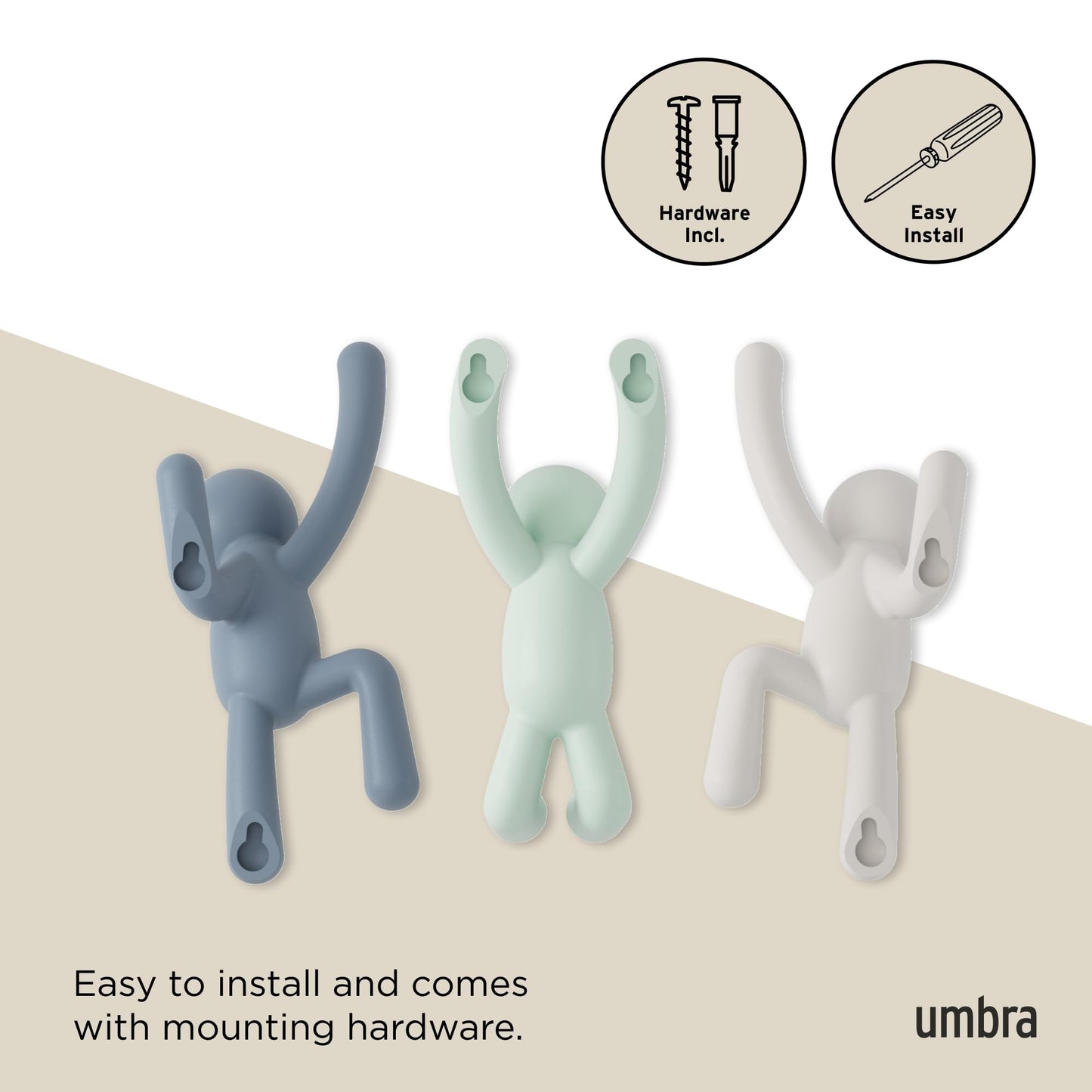 Umbra Buddy Wall Hooks – Decorative Wall Mounted Coat Hooks for Hanging Coats, Scarves, Bags, Purses, Backpacks, Towels and More, Set of 3, White/Grey/Mint