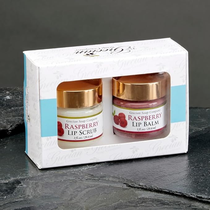 Grecian Ultimate Lip Care Gift Set Raspberry Flavor - All-Natural Handmade Lip Scrub Exfoliator & Lip Balm for Dark Lips, 4 Flavors, Lip Lightening & Hydration, Soft and Plump 2oz