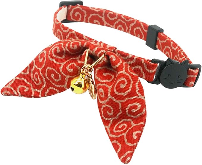 PetSoKoo Bunny Ears Cat Collar, Japan Lucky ‘開三運’ Charm. Safety Breakaway Bowtie Kitten Collar with Bell, Green