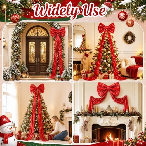 Giant Bow Red Christmas Tree Topper Decor Sequin Large Bow with Long Ribbon 75x23 Inch Gaint Xmas Tree Toppers Decor 3D Big Bows for Christmas Front Door Home Wreath Wall Backdrop Party