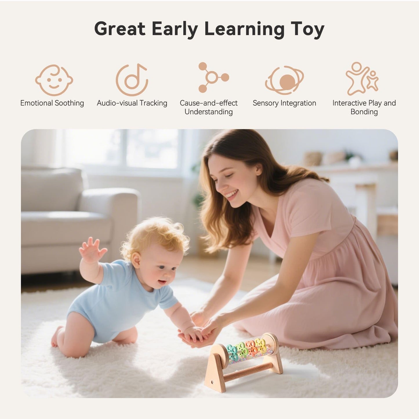 IEATFO Tummy Time Toys with Large Baby Mirror, Rain Stick Sensory Sound Training, Spinning Drum & Rolling Rattele
