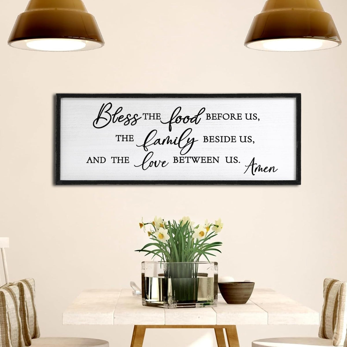 Bless the Food Before Us Wall Decor Art 24"X10" for Dining Room Kitchen Wall Wooden Framed Sign (Black)