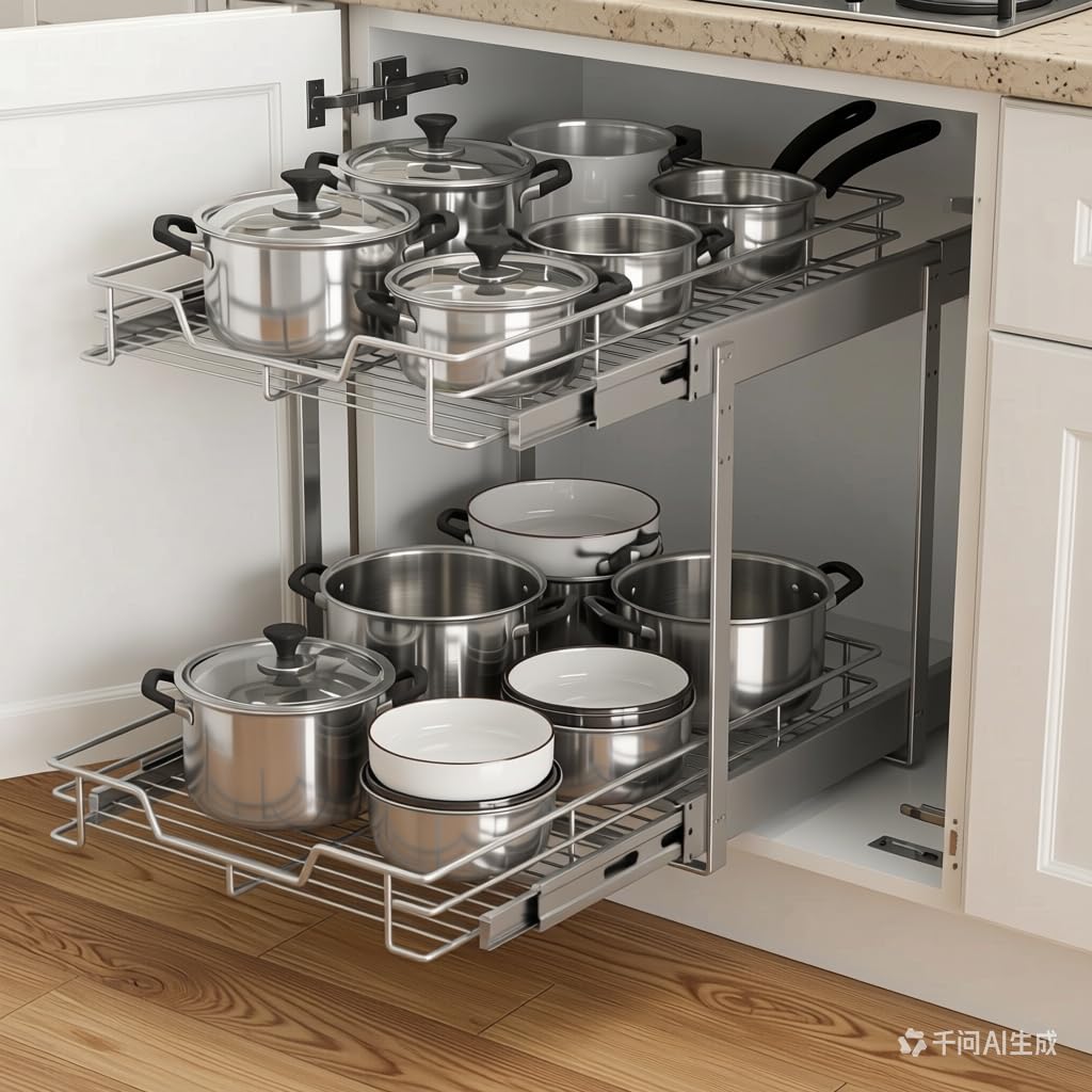 EZKAZA Pull Out Cabinet Organizer 9.5" W x 21" D, 2-Tier Kitchen Cabinet Pullout Shelf and Drawer Organizer Slide Out Pantry Storage Basket, 8.2" W x 21" D x 2.4" H for Bottom Basket Size