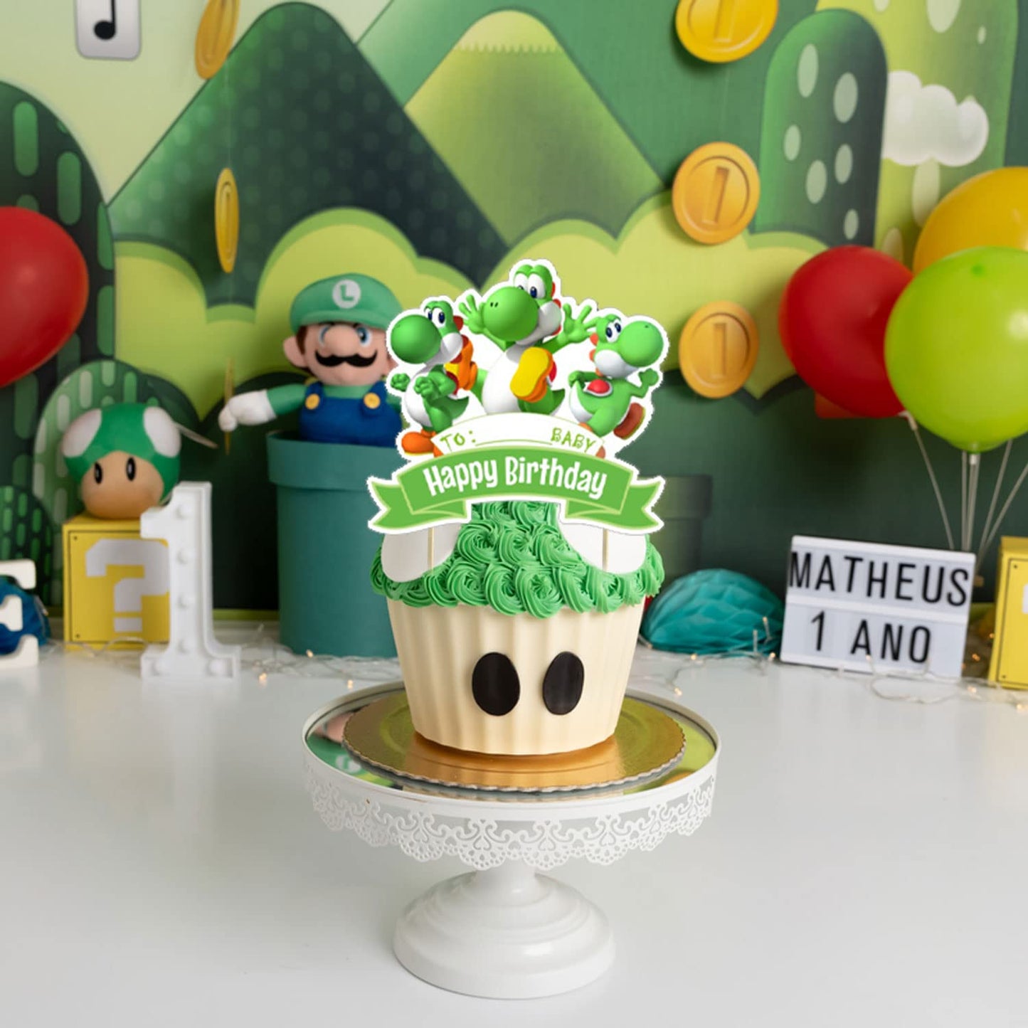 Yoshi Party Decorations,Yoshi Birthday Party Supplies Includes Banner - Cake Topper - 24 Cupcake Toppers - 18 Balloons