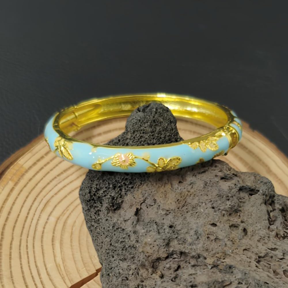 Cloisonne Bracelet For Women, Chunky Bangle Trendy Cute Flower Enamel Bangles Multi Tone Engraved Cuff Gold Plated Bracelets Stackable Wife Jewelry Friendship Gift (Blue&Red Set, One Size)