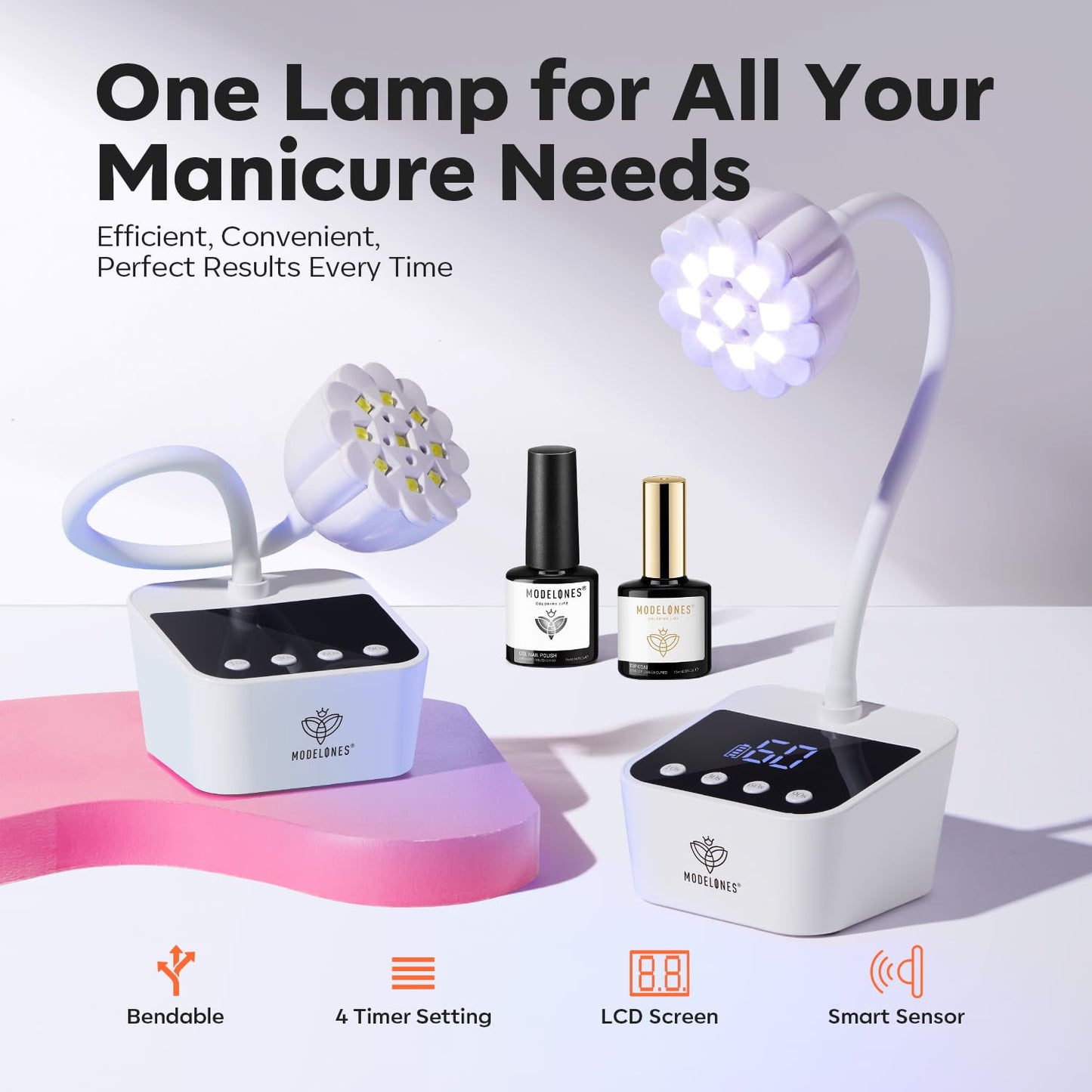 modelones Cordless UV Nail Lamp, Mini LED UV Light for Gel Polish Fake Nails Fast Curing Portable Gooseneck Lamp Nail Dryer Home DIY Manicure Kit 32W & 2000mAh 4 Timers