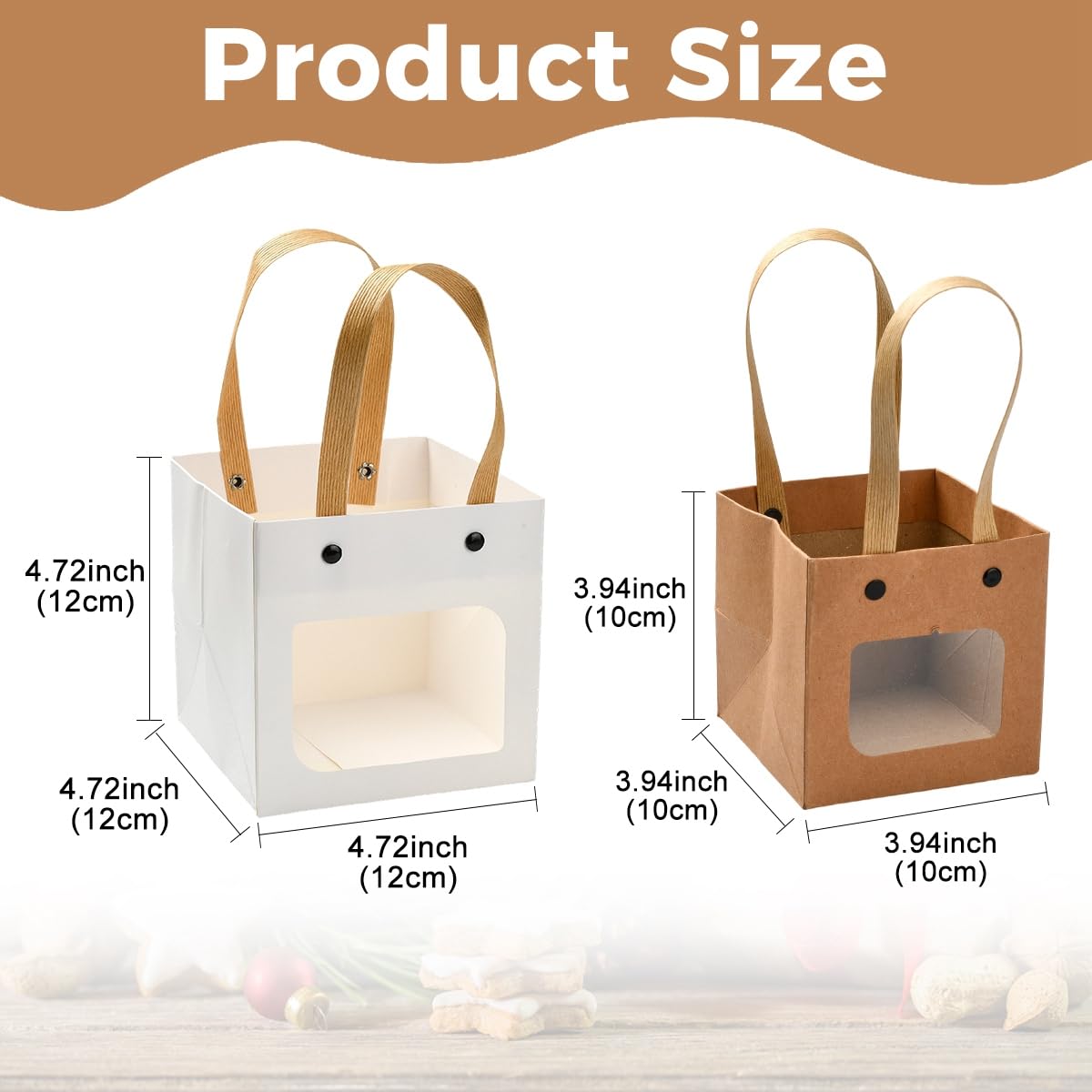 Echoed Elegance Kraft Paper Bags with Nylon Handles and Clear Window, 10 Pieces, 2 Styles, Square Gift and Shopping Bags for Retail, Party, Wedding, Craft Packaging (White)