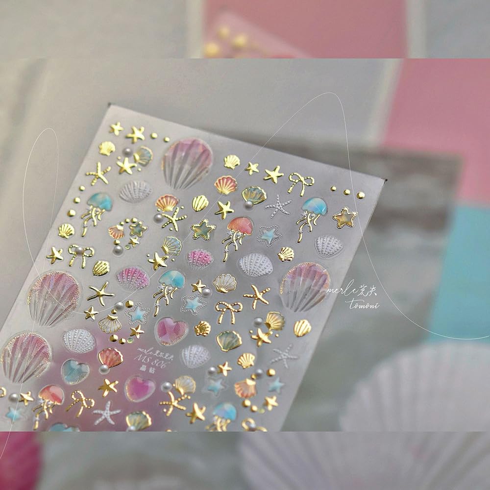 Pink Ocean Seashell Nail Stickers 5D Embossed – Premium Salon-Quality Nail Charm Accessories, Easy Application & Self-Adhesive Summer Sticker for DIY Manicure, Nail Art, Press on, Home or Salon Use