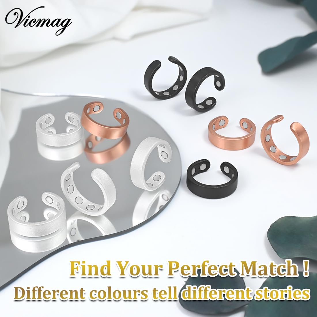 Vicmag 2PCS Magnetic Copper Rings for Women & Men,99.99% Pure Copper Ring with 9X Magnets Gift Adjustable(9X Black)