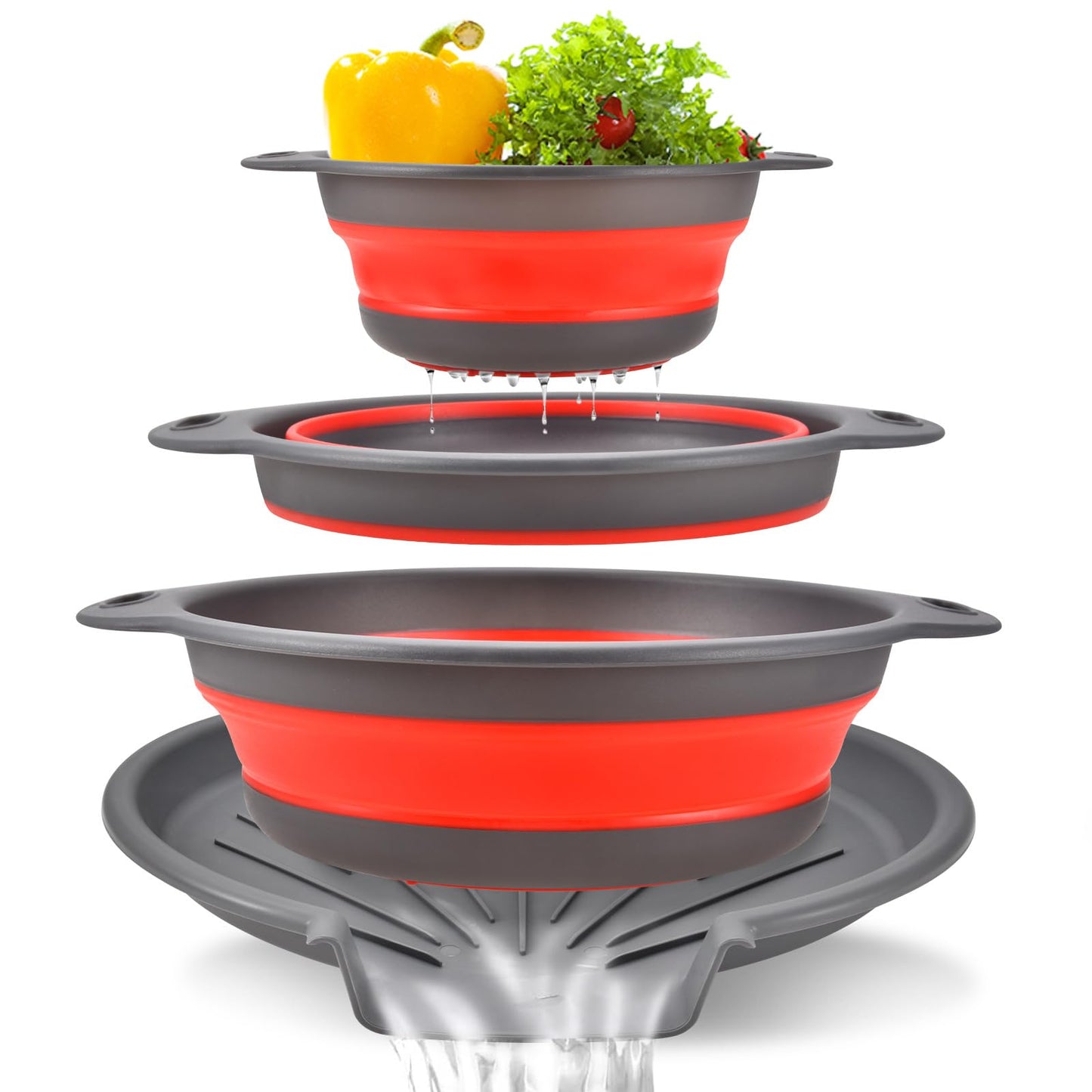 Collapsible Colander Set with Over-Sink Water Draining Base, 3-Pack Foldable Kitchen Strainers for Vegetables Fruit and Pasta
