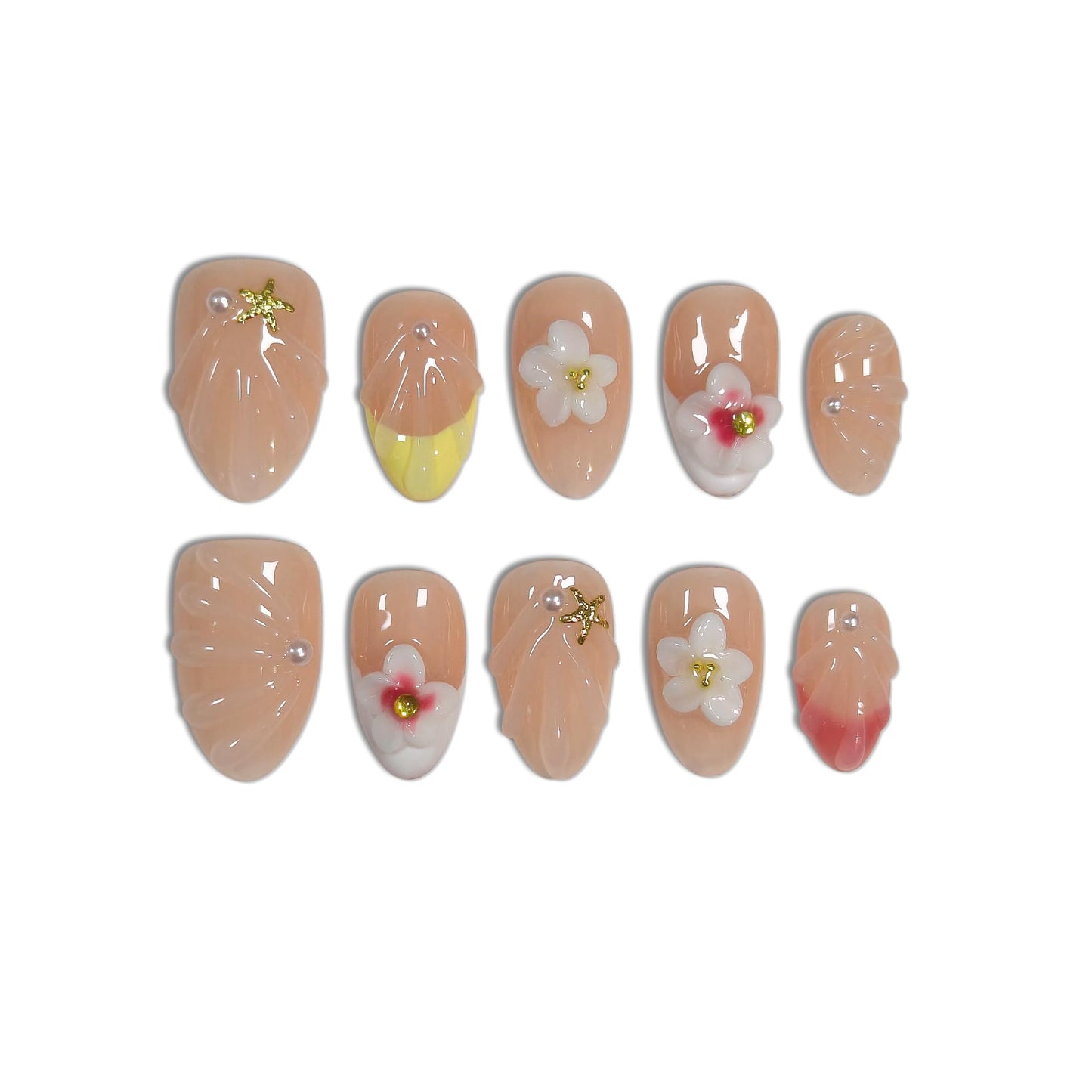 TENPAL Warm Yellow French Tips Press on Nails Short Oval with 3D Floral, Handmade & Reusable, Cute Sheer Soft Sunny Style False Nails for Clean Daily Wear(M)