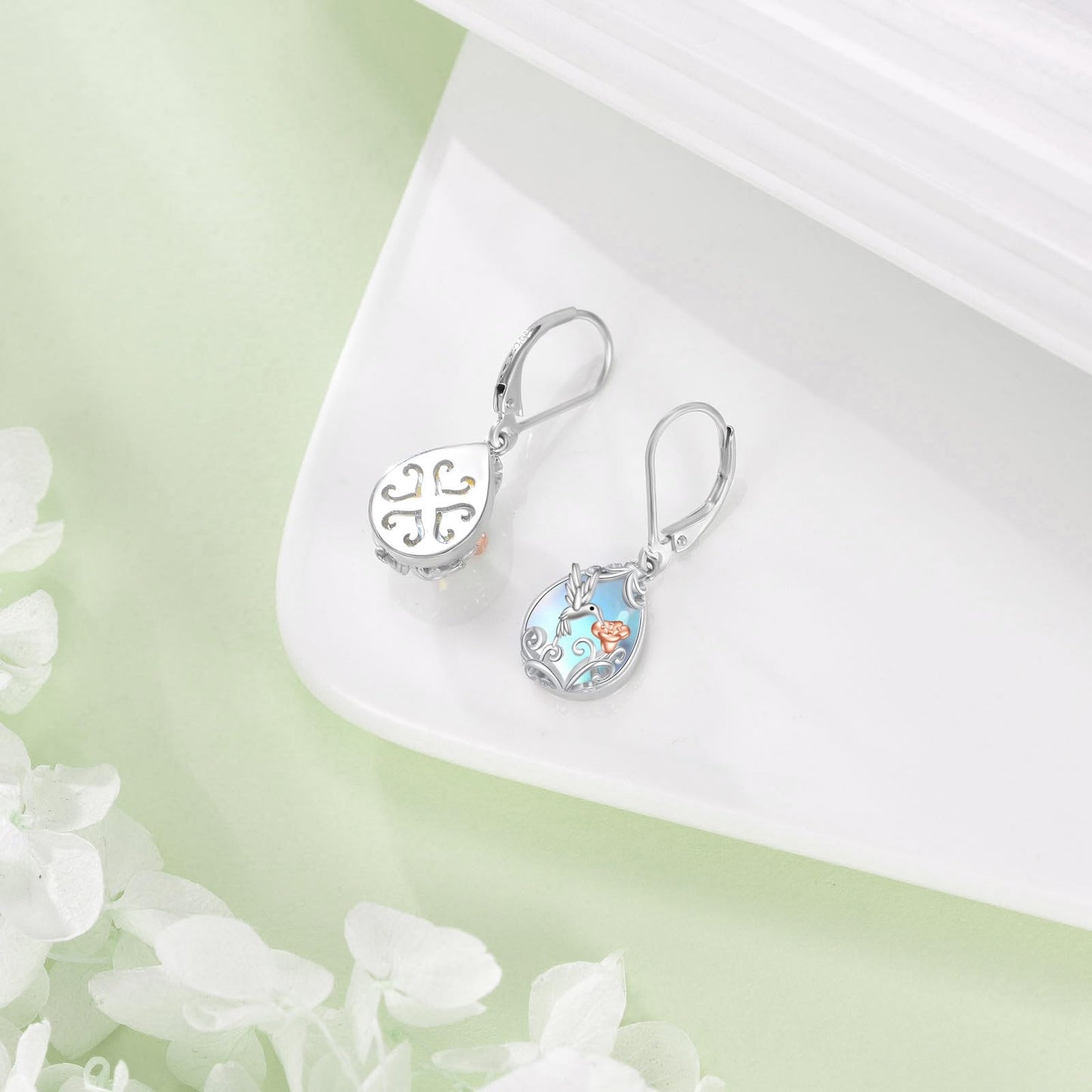 POPLYKE Moonstone Hummingbird Teardrop Drop Dangle Earrings Sterling Silver Leverback Earrings Moonstone Jewelry Gifts for Women