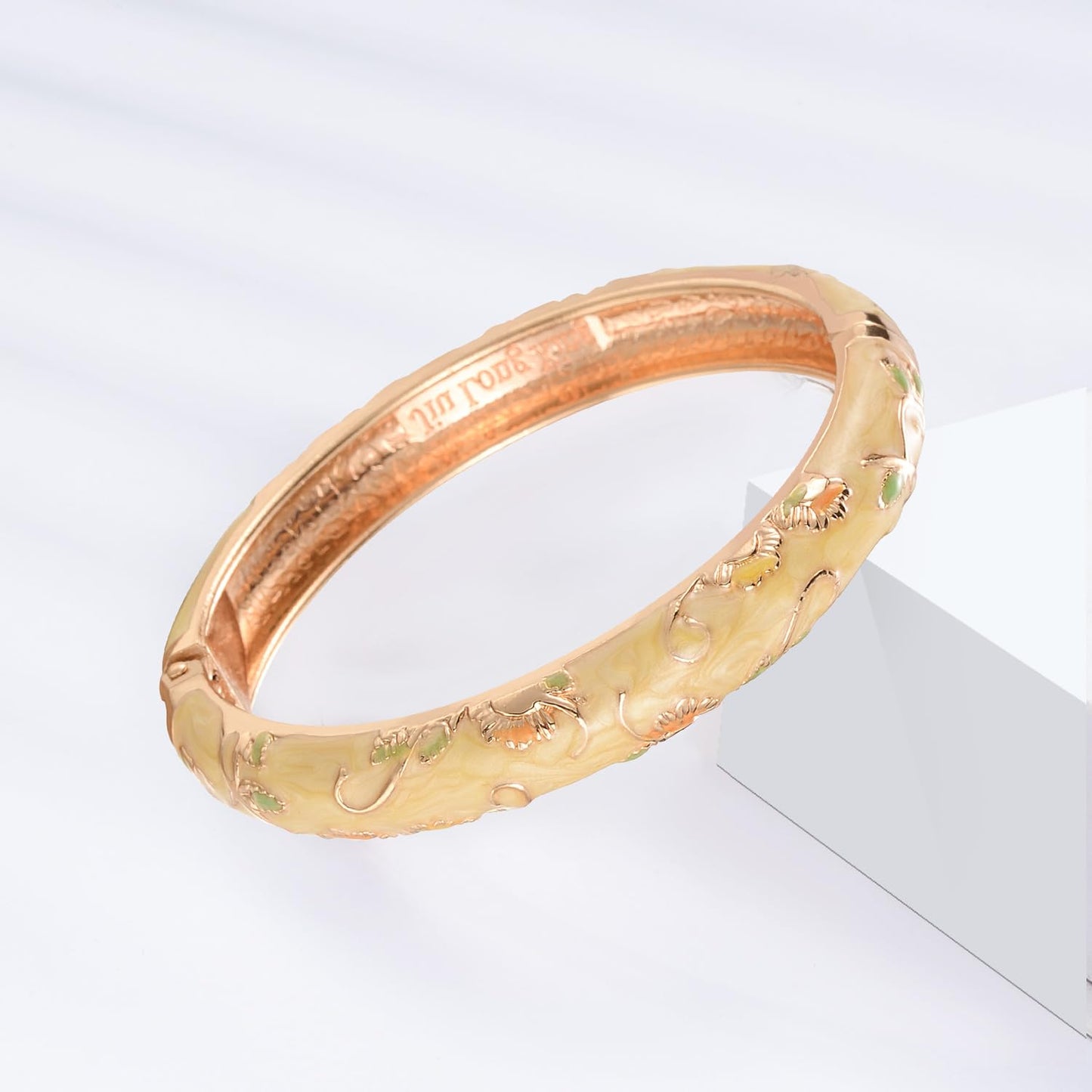 UJOY Classic Cloisonne Bracelets Enamel Jewelry Plated Bamboo Flower Cuff Metal Bangle for Women Gift Box 55A108-55A128 Yellow
