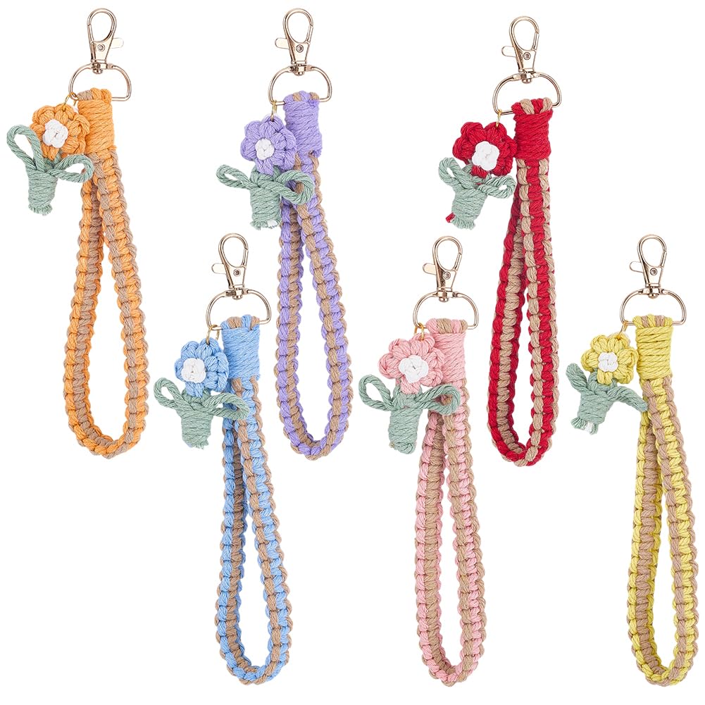 SUNNYCLUE DIY 6 Sets Phone Charms Making Kit Phone Wrist Strap Macrame Keychain Bracelet Flower Keychains Cellphone Lanyard Boho Macrame Kits for Beginner Starter Smartphone Key Purse Bag Wallet