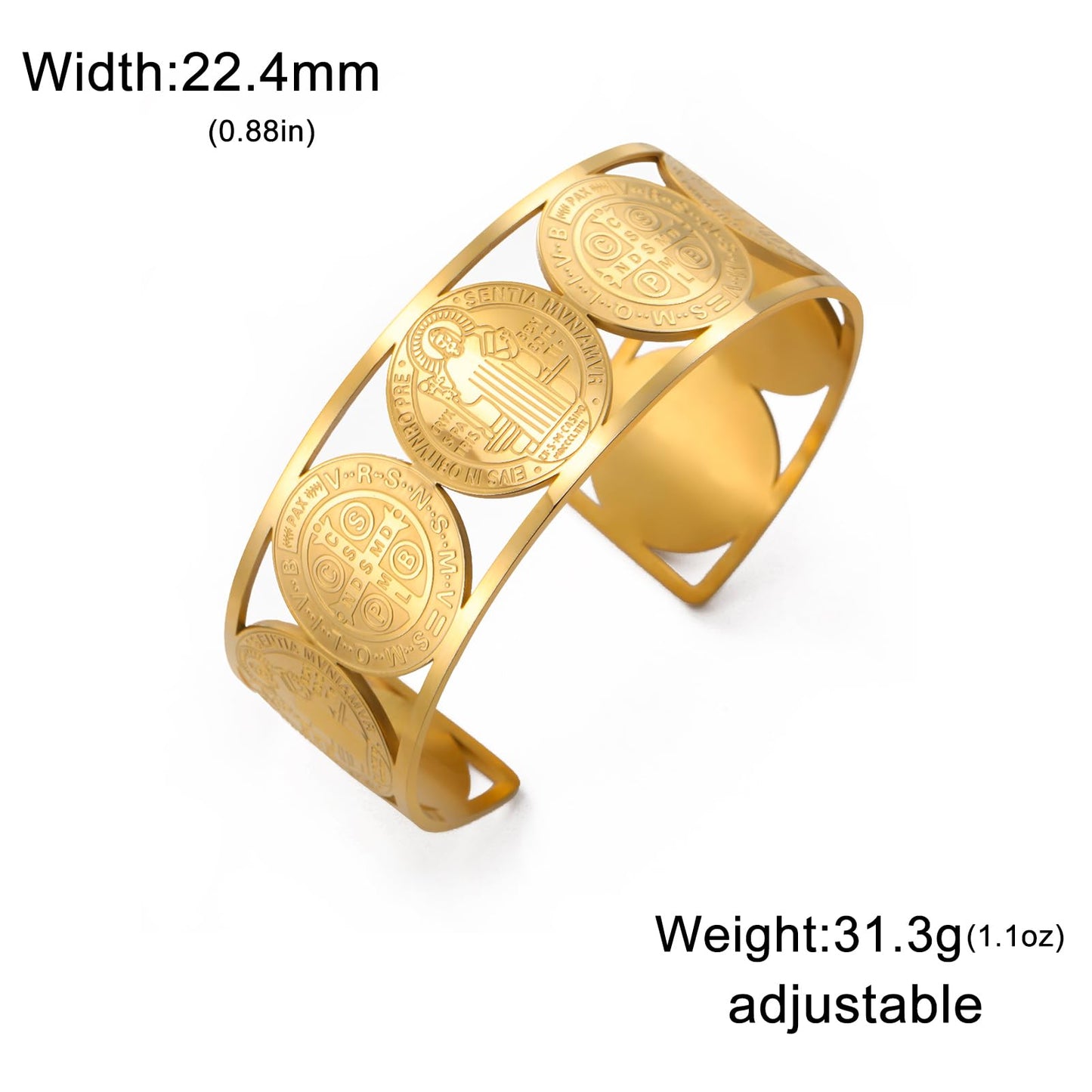 Amaxer Adjustable St. Benedict Open Cuff Bangle Bracelet for Women Men Stainless Steel Religious Jewelry 0.88in Wide (gold)