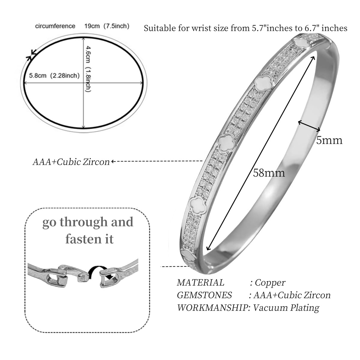 18K White Gold Plated Clover Bangle Bracelet for Women Personalized Cubic Zirconia Bracelets Love Bangles Crystal Bracelets Gifts for Her (white gold)