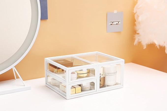 MOOCHI White Vintage Glass Cosmetic Makeup Organizer 3 Drawers Set Dust Waterproof Cosmetics Storage Display Case Countertop for Brushes Lipsticks Jewelry