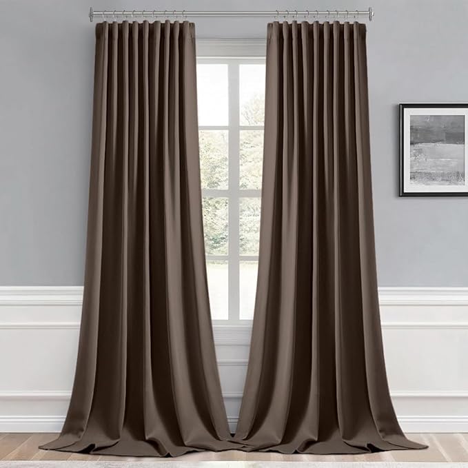 MIULEE Chocolate Brown Back Tab Blackout Curtain 96 Inch Long 2 Panels Set for Bedroom, Rod Pocket/Pinch Pleat Thermal Insulated Living Room Darkening Pleated Light Blocking Floor to Ceiling Drape