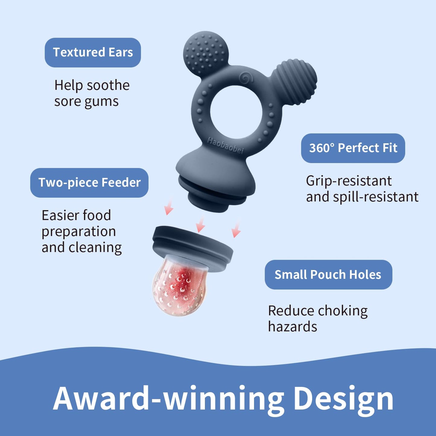 HAOBAOBEI Baby Fruit Feeder 2 Pack with Freezer Tray, 4 Silicone Pouches in 3 Sizes, Breastmilk Popsicle Mold, Food Feeder Pacifier and Silicone Teether for Teething Relief, 4+ Months