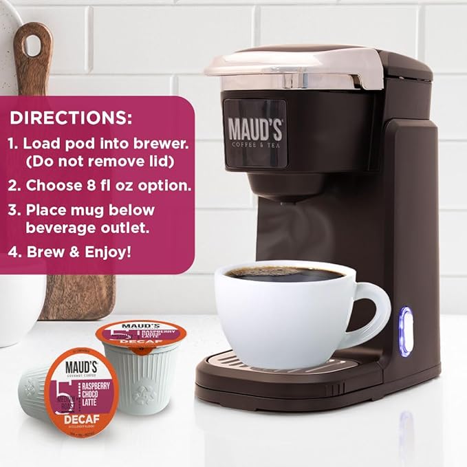 Maud's Decaf Raspberry Chocolate Flavored Coffee Pods, 18 ct, Decaffeinated Medium Roast Flavored Coffee in Recyclable Single Serve Pods – 100% Arabica Beans, Compatible with Keurig K Cups Maker