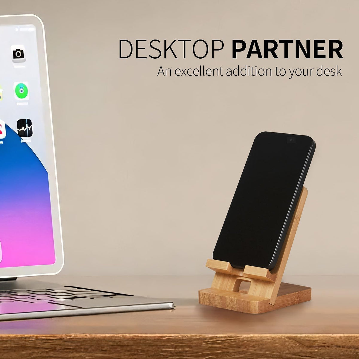 Wood Phone Stand, Desktop Wooden Phone Holder, Portable Office Phone Stand for Desk, Wood ipad Stand, Compatible with iPhone & All Cell Phones (Bamboo)