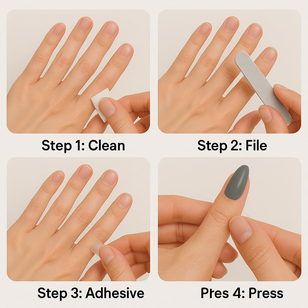 Glossy Slate Color Press On Nails – Almond Shape, Medium Length, 24 PCS Fake Nails with Nail File & Glue Tabs, Reusable ABS Material