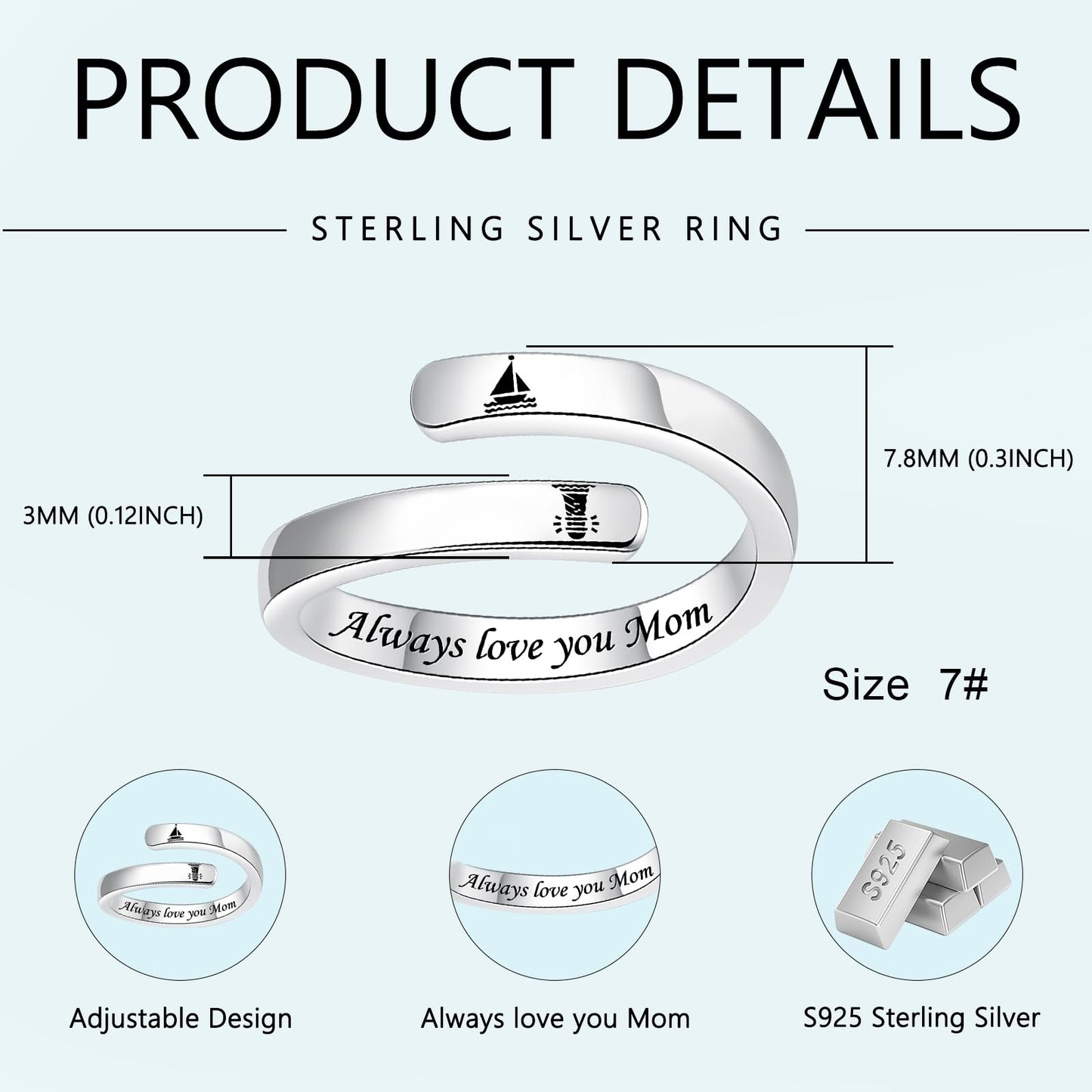 S925 Sterling Silver Inspirational Jewelry Rings Adjustable Ring Personality Encouragement Gift for Teens Women