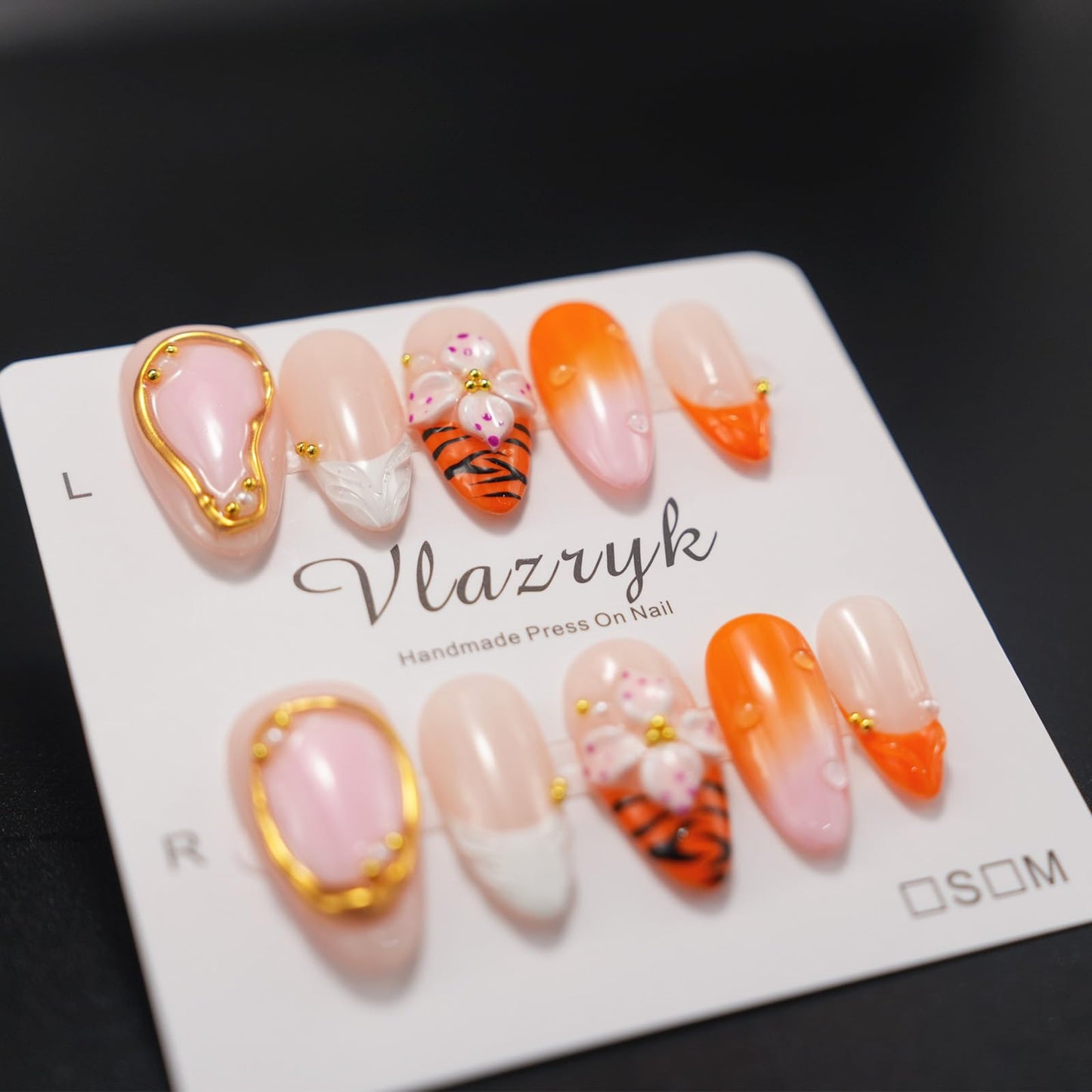 Luxury Medium Almond Press On Nails – French Tip with 3D Flowers, Pearls & Gold Design | Reusable Acrylic Gel Fake Nail | hand made nails S SIZE