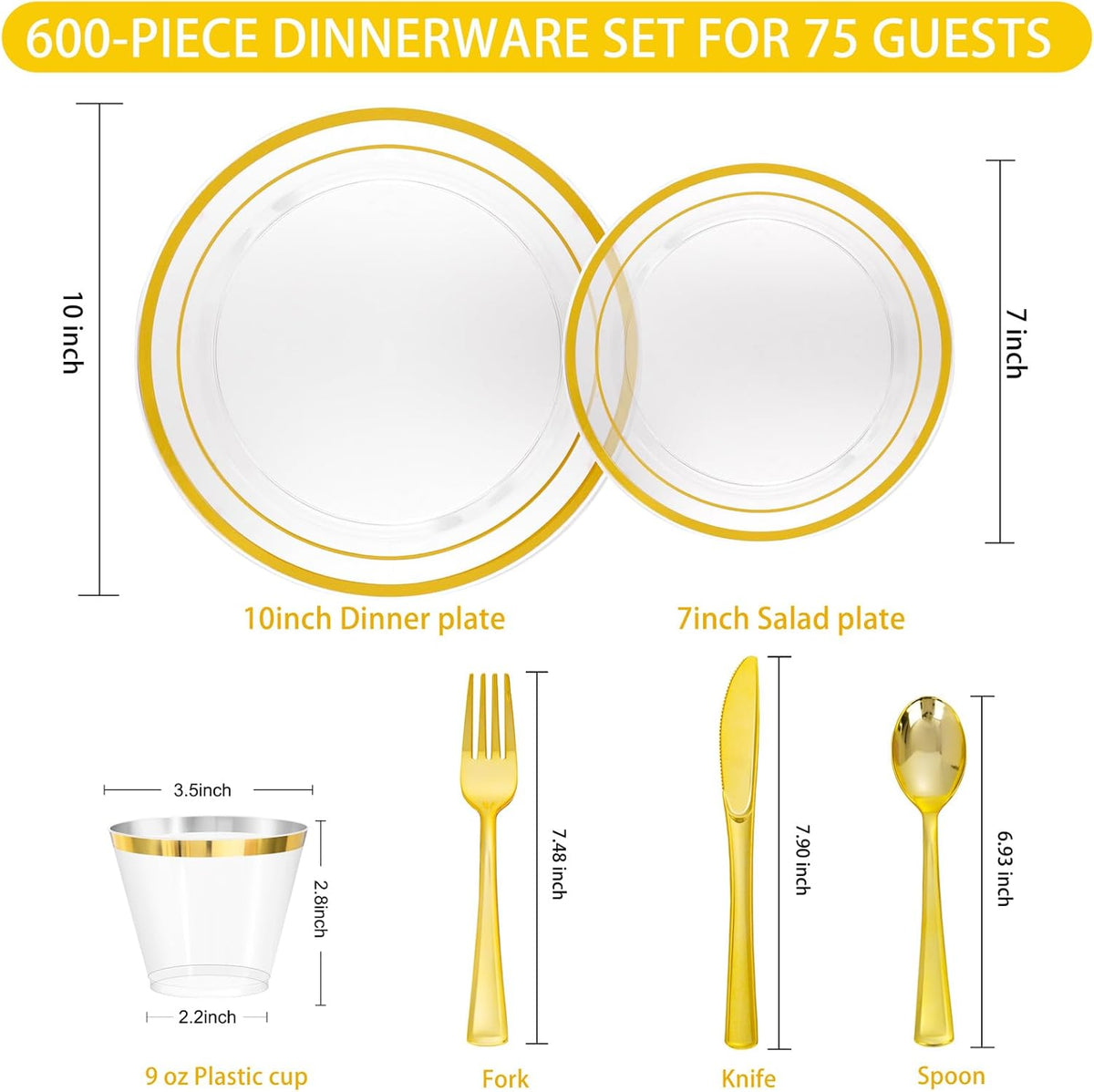 WELLIFE 600 PCS Clear Gold Disposable Dinnerware Set for 100 Guests, Clear and Gold Plastic Plates, Gold rimmed Plastic Dinner & Salad Plates,Cups,Silverware Set for Wedding