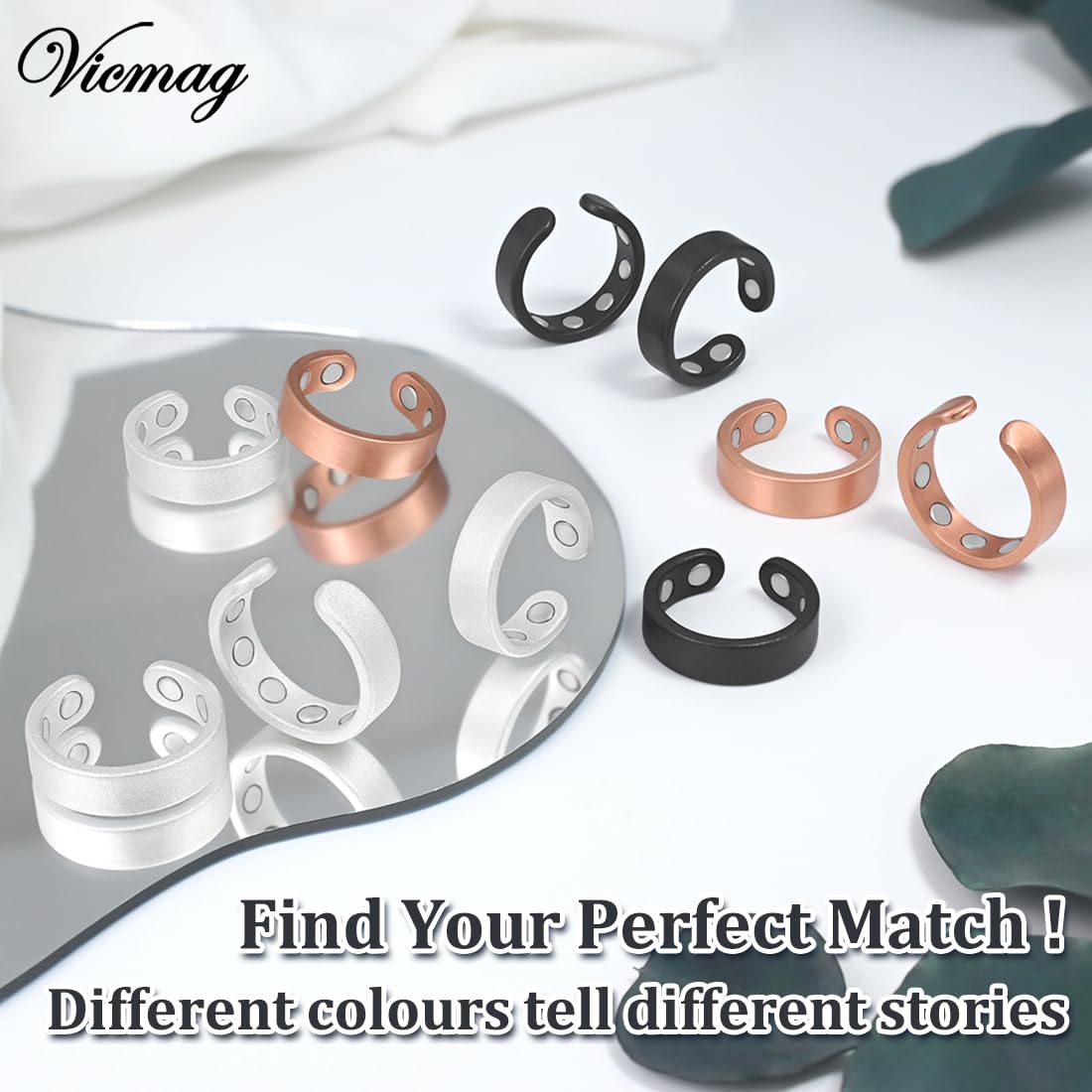 Vicmag 2PCS Magnetic Copper Rings for Women & Men,99.99% Pure Copper Ring with 9X Magnets Gift Adjustable(9X Black & Silver)