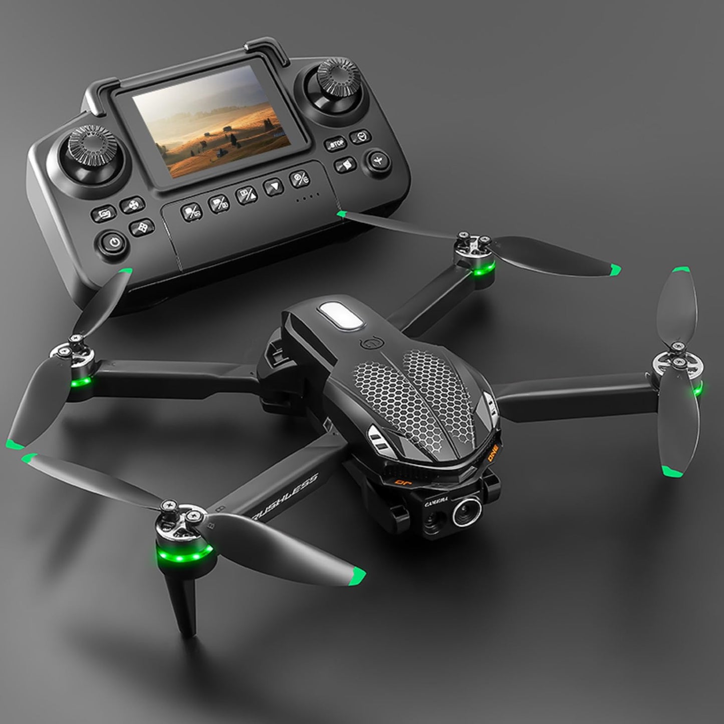 elecci S168 Drone with Screen Controller, Brushless Motor, Altitude Hold, One Key Take Off/Landing, Active Obstacle Avoidance, Black Carrying Case, Two-batteries.