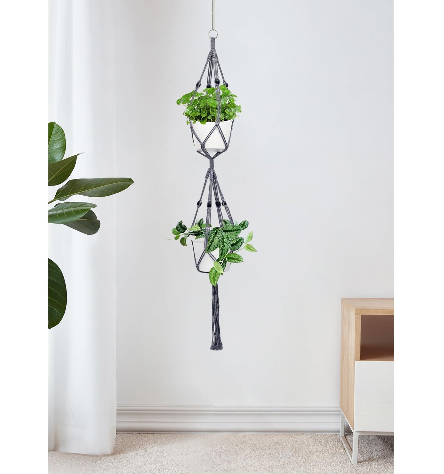 Belit 2 Pack Double Macrame Plant Hangers 2 Tier Hanging Planter Basket Decorative Flower Pot Holder Rope for Indoor Outdoor Home Decor 51 Inch, Grey
